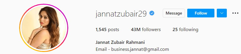 Jannat Zubair Instagram contact detail